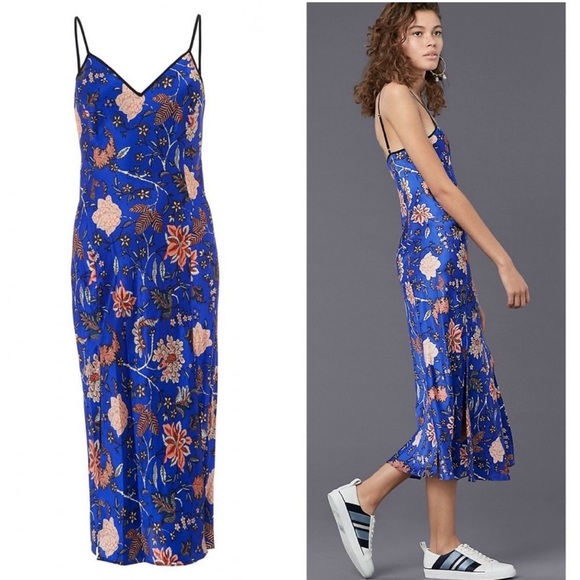 Diane Von Furstenberg Canton Electric Blue Floral Satin Midi Slip Dress Small - Picture 4 of 11
